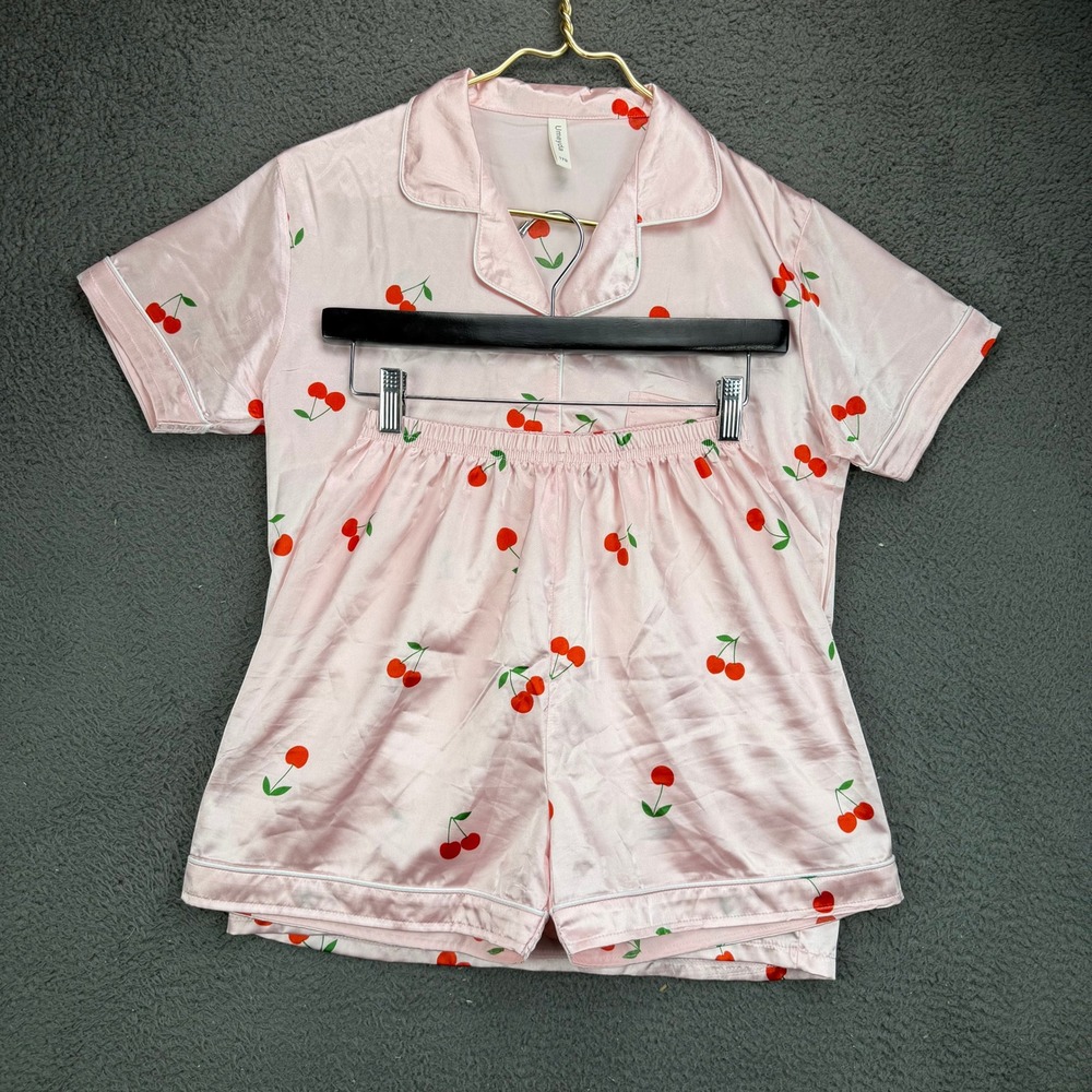 Umeyda Pink Satin Cherry Print Pajama Set Short Sleeve Button Up Shorts 170